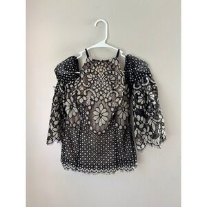 Y2K Black Lace Cold Shoulder Top Halter Indie Sleeve Whimsigoth Fairycore Grunge